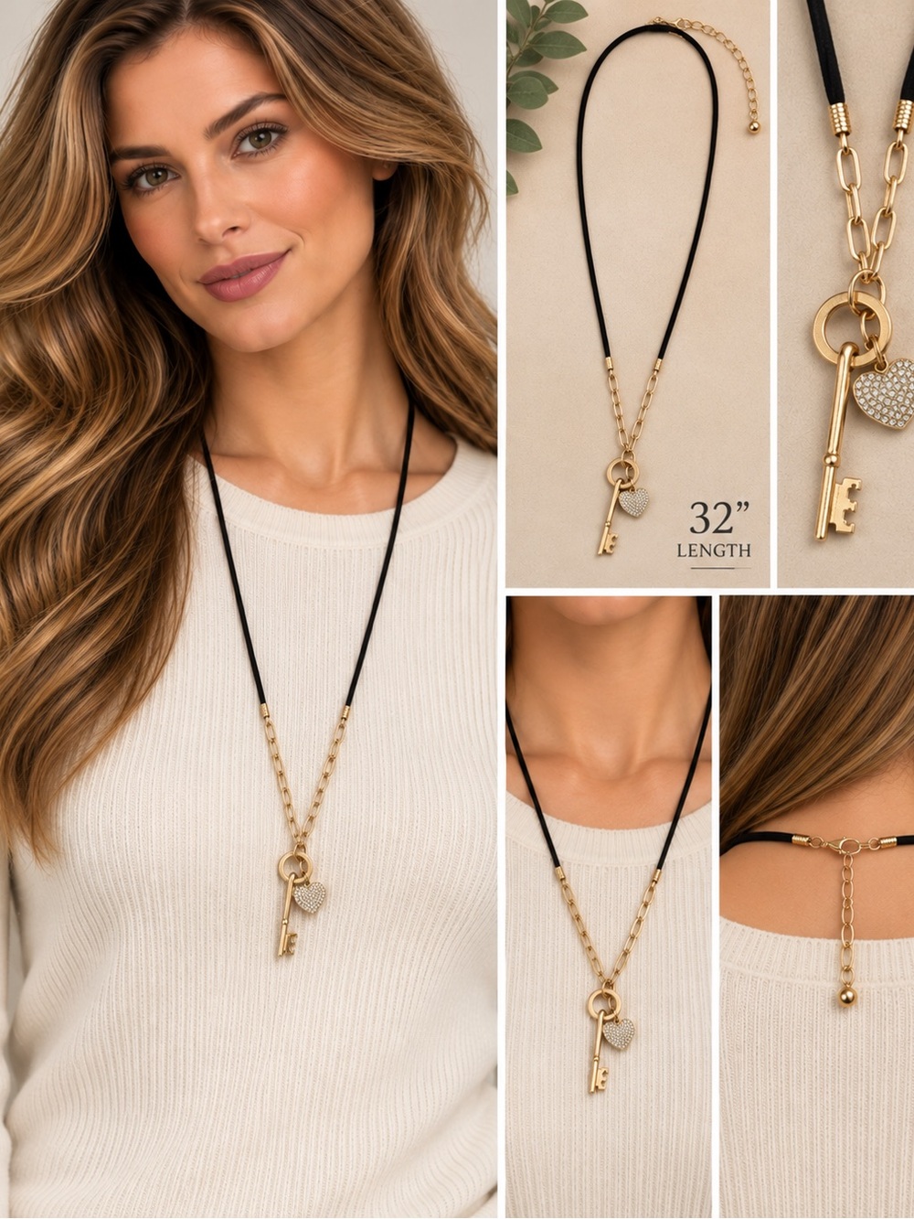 Gold Key & Heart Pendant Necklace on Black Cord - Women's Jewelry